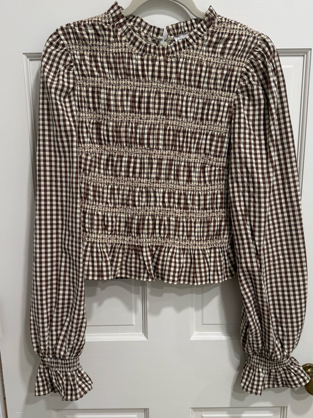 English Factory Brown Gingham Smocked Long-Sleeve Top